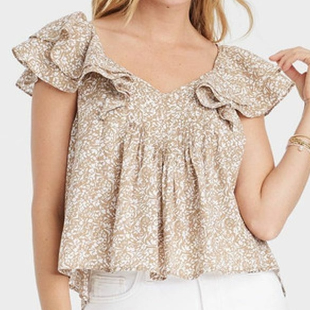 Universal Thread Floral Ruffle Sleeve Tan 100% Cotton Blouse Large